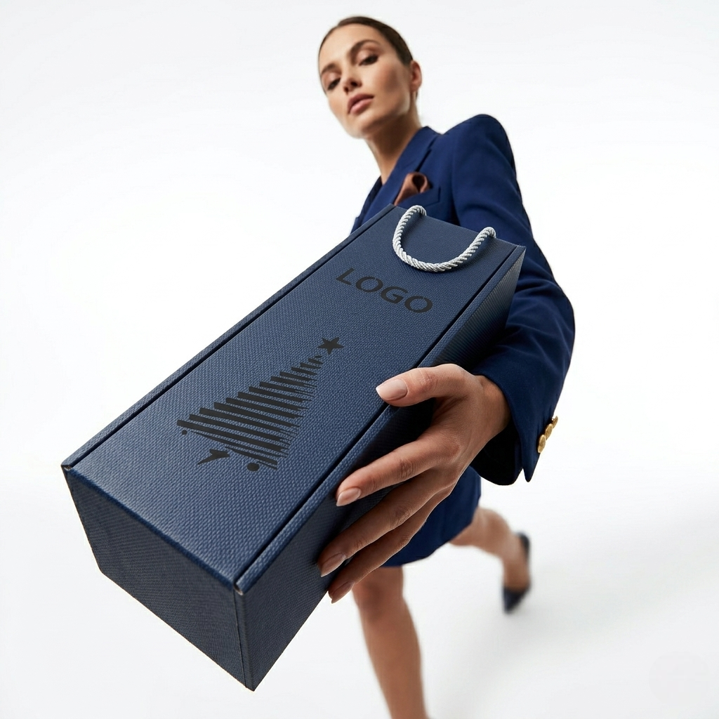 Granatowe pudełko na wino W68 – detal, faktura tkaniny, wycinany motyw świąteczny